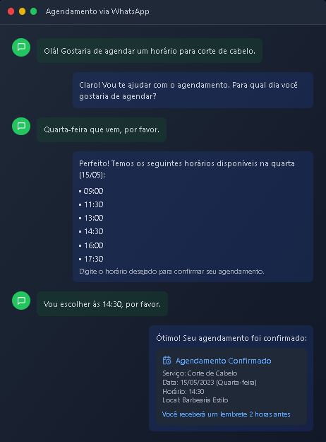 Interface de software de agendamento automático via WhatsApp com inteligência artificial mostrando fluxo de mensagens e calendário sincronizado em tempo real.