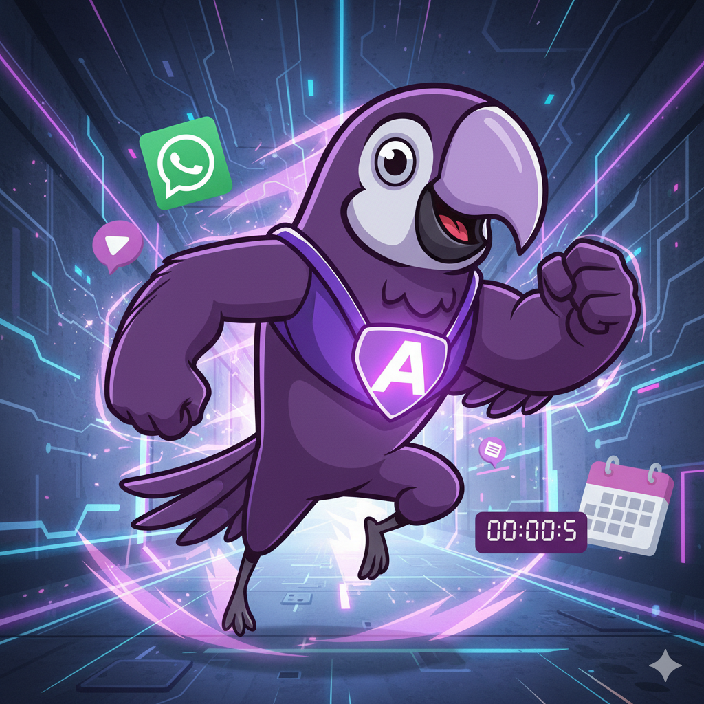 Imagem estilo cartoon profissional apresentando o mascote da Ararabot em uma pose dinâmica de super-herói ou atleta de elite, simbolizando velocidade extrema e prontidão, em um cenário tecnológico e elegante.